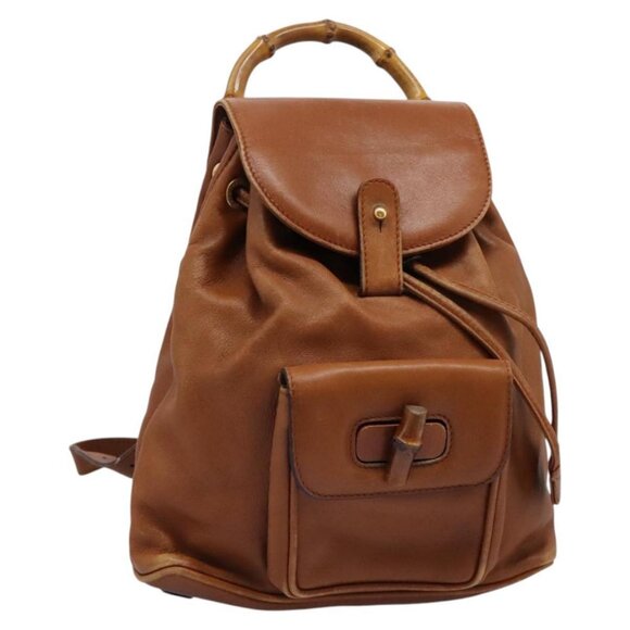 GUCCI Bamboo Backpack Leather Brown Gold - Picture 2 of 16